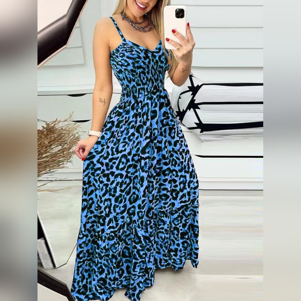 Womens Full Size Spaghetti Strap Blue Leopard Print Maxi Dress Plus Sizes